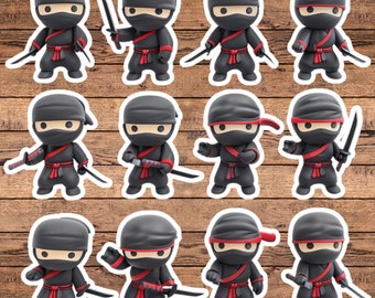 Cartoon Ninja Sticker Set | Action Poses, Die Cut Vinyl (12 pc)