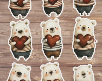 Ensemble d'autocollants en vinyle découpés à l'emporte-pièce Ours polaire pour la Saint-Valentin – Autocollants « Amour doux » pour ordinateur portable, carnet et bouteille d'eau