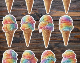 May include: A collection of colorful ice cream cone stickers. Each sticker features a scoop of rainbow-colored ice cream on a brown waffle cone. The ice cream has layers of pink, orange, yellow, green, blue, and purple.