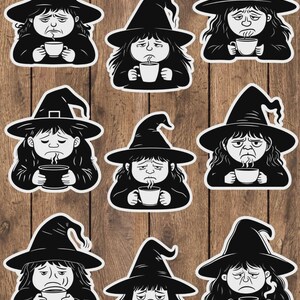 May include: A collection of nine black and white stickers featuring a cartoon witch wearing a pointed hat and holding a cup. The witch has a tired expression. The stickers are on a wooden background.