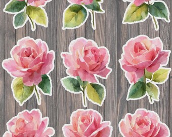Ensemble d'autocollants en vinyle découpés à l'emporte-pièce, roses roses aquarelle – Décoration florale pour ordinateur portable, carnet et bouteille d'eau