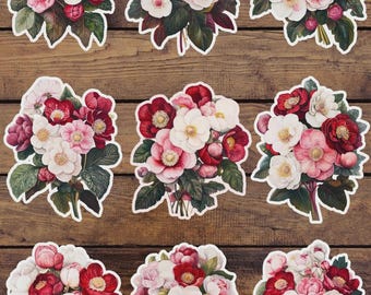 May include: Nine floral stickers featuring bouquets of red, pink, and white flowers with green leaves. The stickers are arranged on a wooden surface. The flowers have a vintage, botanical illustration style.