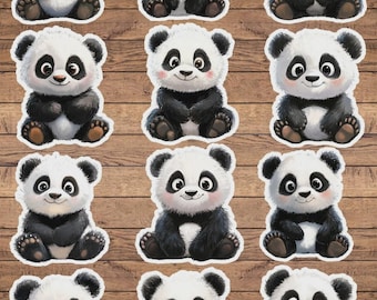 May include: A sheet of stickers featuring cartoon panda bears in a sitting position. The pandas have black and white fur, with black ears and eye patches. They have smiling faces and are set against a wood grain background.