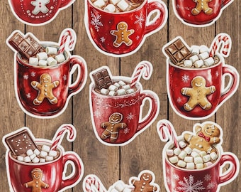 May include: A collection of red mugs filled with hot chocolate, marshmallows, and chocolate bars. Each mug features a gingerbread man and snowflake designs, with candy canes for added decoration. The mugs are arranged on a wooden background.