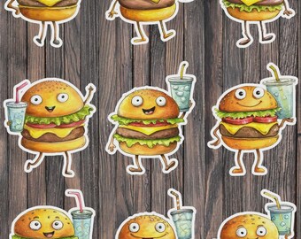 May include: Nine cartoon burger stickers with smiling faces, lettuce, tomato, and cheese. Each burger holds a drink with a straw. The stickers are on a wooden background.