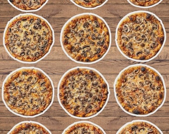 May include: A collection of twelve mushroom pizzas, each with a golden-brown crust, are arranged on a wooden surface. The pizzas are round, topped with mushrooms and cheese, and have a white border.