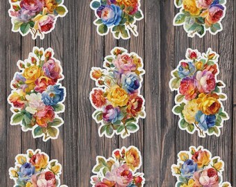 Ensemble d'autocollants en vinyle découpés à l'emporte-pièce, motif bouquet aux couleurs chaudes – Décoration florale pour ordinateur portable, carnet et bouteille d'eau
