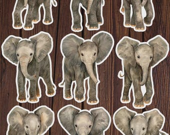 Ensemble d'autocollants en vinyle découpés à l'emporte-pièce, éléphanteau aquarelle – Adorables autocollants d'animaux pour ordinateur portable, carnet et gourde