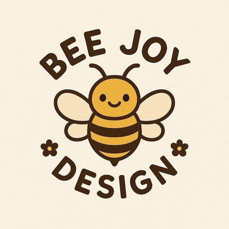 May include: A cartoon bee with a smiling face, brown and yellow stripes, and wings. The text "BEE JOY DESIGN" is in a circular arrangement around the bee, with small flower icons on either side.