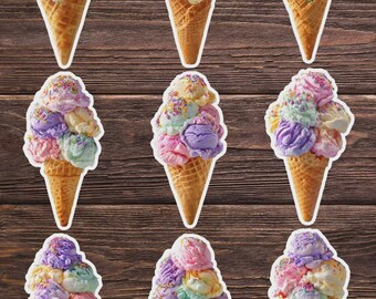 May include: Nine colorful ice cream cones with various pastel-colored scoops, including pink, purple, yellow, and green, are arranged on a wooden background. Each cone is topped with sprinkles. The cones are a light brown color.