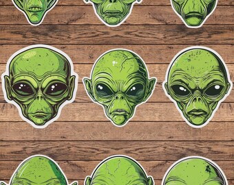 Green Alien Head Die Cut Sticker Set | Vinyl Sticker | Laptop Sticker | Water Bottle Sticker | Notebook Sticker