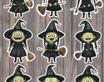 Cute Green Witch Die Cut Vinyl Sticker Set – Witchy Stickers for Laptop, Notebook & Water Bottle