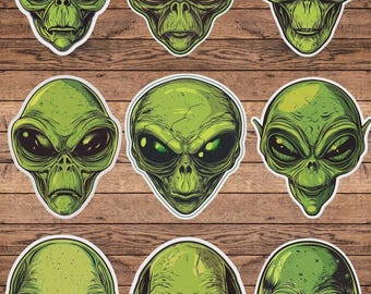 Green Alien Head Die Cut Sticker Set | Vinyl Sticker | Laptop Sticker | Water Bottle Sticker | Notebook Sticker