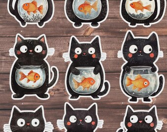 Black Cat With Fishbowl Die Cut Sticker Set | Funny Sticker | Laptop Sticker | Water Bottle Sticker | Notebook Sticker