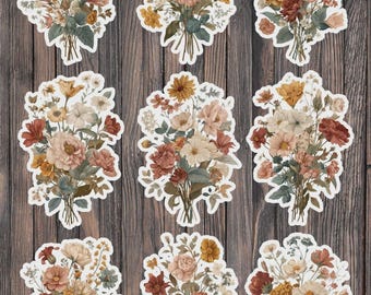 Ensemble d'autocollants en vinyle découpés à l'emporte-pièce, style vintage, motif bouquet de fleurs – Stickers floraux pour ordinateur portable, carnet et bouteille d'eau