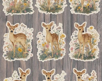 Ensemble d'autocollants en vinyle découpés à l'emporte-pièce, style vintage, motif cerf printanier – Stickers nature forêt pour ordinateur portable, carnet et gourde