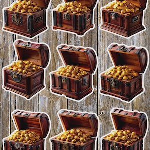 May include: Nine wooden treasure chests, each filled with golden coins, are displayed against a wood-grain background. The chests are open, revealing the treasure within. The chests have metal accents and clasps.
