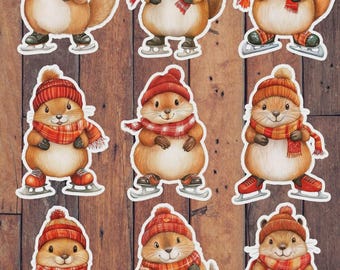 Ice Skating Beaver Die Cut Vinyl Sticker Set | Funny Sticker | Laptop Sticker | Water Bottle Sticker | Notebook Sticker