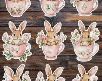 Floral Bunny in Teacup Vinyl  Die Cut Sticker Set | Funny Sticker | Laptop Sticker | Water Bottle Sticker | Notebook Sticker
