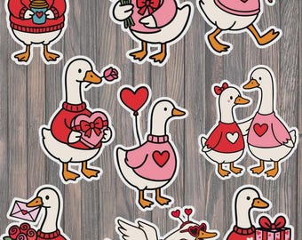 Ensemble d'autocollants en vinyle découpés à l'emporte-pièce « Oie de la Saint-Valentin » – Autocollants romantiques pour ordinateur portable, carnet et bouteille d'eau