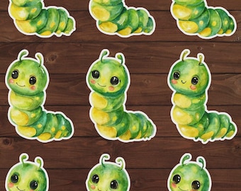 Watercolor Green Caterpillar Die Cut Vinyl Sticker Set – For Notebook, Laptop, Water Bottle & Scrapbooking