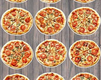 May include: A grid of twelve pizzas, each sliced into eight pieces. The pizzas feature a red tomato topping, green herbs, and melted cheese on a golden crust. The pizzas are arranged on a wooden background.