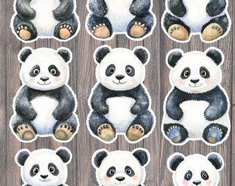 May include: Nine panda bear stickers with black and white fur, sitting poses, and smiling faces. The stickers are arranged in three rows of three on a wooden background. The pandas have black ears, eyes, and limbs.