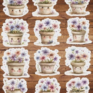 May include: A collection of watercolor stickers featuring smiling flower pots with colorful blooms. The flowers are in shades of pink, purple, and blue. The pots have a cute, friendly face design. The stickers are on a wooden background.