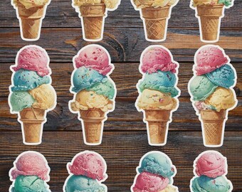 May include: A collection of colorful ice cream cone stickers. Each sticker features three scoops of ice cream in pink, blue, and yellow, atop a brown waffle cone. The stickers are arranged on a rustic wooden background.