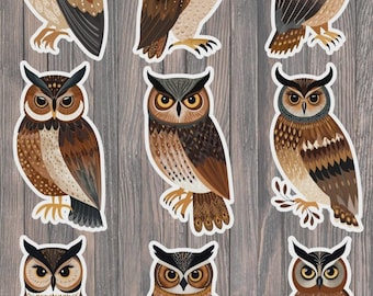 May include: A collection of nine individual owl stickers featuring various brown, tan, and cream plumage patterns. Each owl is depicted with distinct feather details, yellow eyes, and dark ear tufts, presented as separate die-cut illustrations.