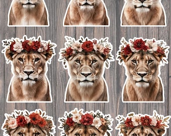 Lioness in Floral Crown Vinyl Stickers | Laptop, Water Bottle, Notebook Decals