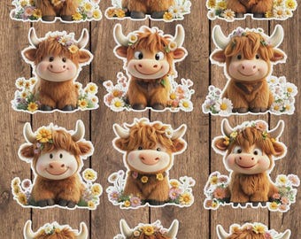 Floral Highland Cow Die Cut Sticker Set | Funny Sticker | Laptop Sticker | Water Bottle Sticker | Notebook Sticker