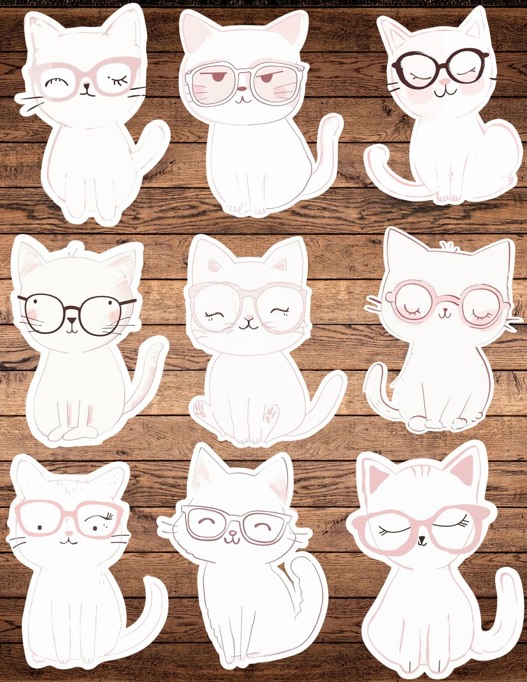 Cute White Kitten With Glasses Die Cut Vinyl Sticker Set – for Notebook ...