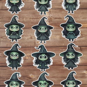 May include: A collection of stickers featuring cartoon witches. Each witch has green skin, round glasses, and wears a black witch hat and dress. The stickers are on a wooden background.