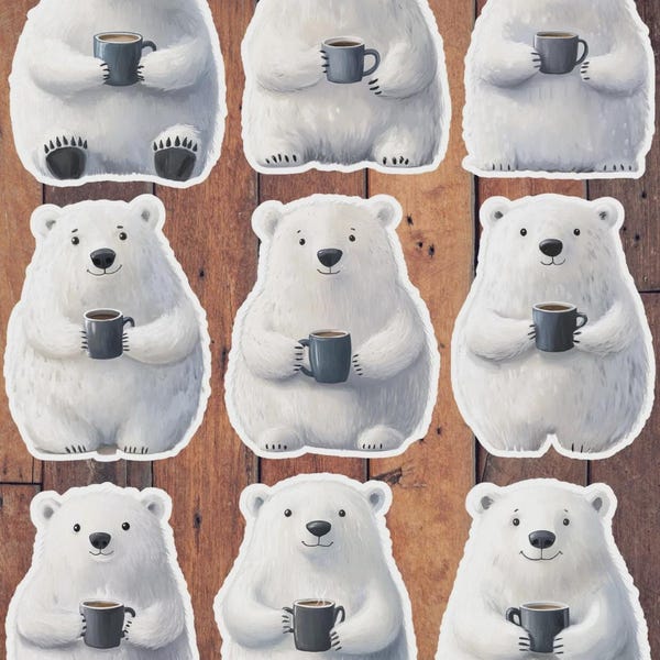 Polar Bear With Mug Vinyl Die Cut Sticker Set | Funny Sticker | Laptop Sticker | Water Bottle Sticker | Notebook Sticker