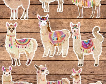 May include: Nine colorful llama stickers with intricate patterns and tassels. The llamas are all standing on a woodgrain background.