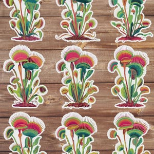 May include: Nine colorful Venus flytrap stickers. Each sticker features a detailed illustration of the carnivorous plant with red, green, and orange hues. The stickers are arranged on a wooden background.