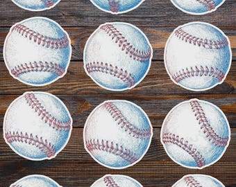 May include: A collection of baseball stickers arranged on a wooden surface. Each sticker features a detailed illustration of a baseball, showcasing white leather with red stitching and blue shading for a vintage look.