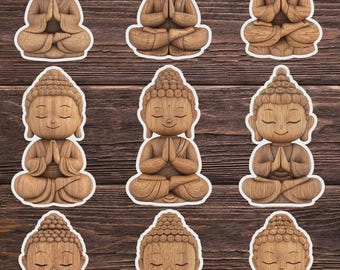 Wooden Buddha Statue Die Cut Vinyl Sticker Set | Funny Sticker | Laptop Sticker | Water Bottle Sticker | Notebook Sticker