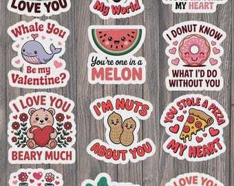 Ensemble d'autocollants en vinyle découpés à l'emporte-pièce avec des jeux de mots sur la Saint-Valentin – Motifs d'amour amusants pour ordinateur portable, carnet et bouteille d'eau