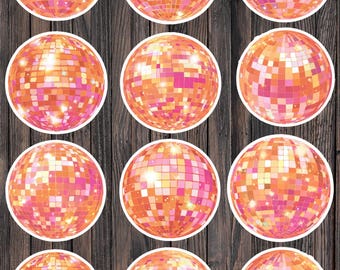 May include: A set of twelve circular stickers featuring a disco ball pattern with a grid of reflective orange, pink, and peach square tiles. Each sticker has a distinct white border and displays a glossy, multi-faceted surface effect.