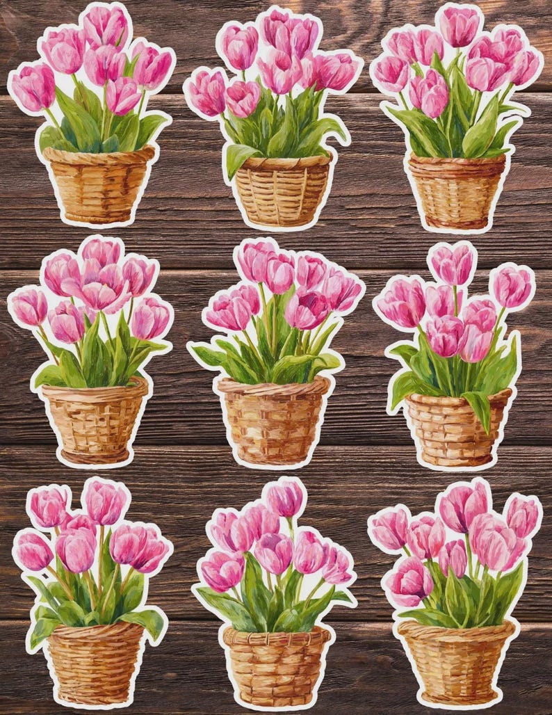 Basket of Tulips Die Cut Vinyl Sticker Set – for Notebook, Laptop ...