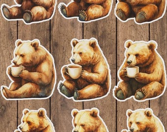 Brown Bear Coffee Vinyl Die Cut Sticker Set | Funny Sticker | Laptop Sticker | Water Bottle Sticker | Notebook Sticker