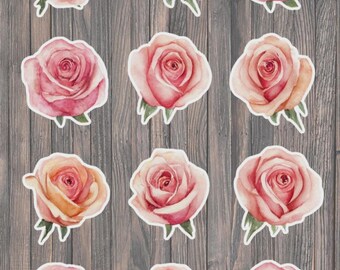 Ensemble d'autocollants en vinyle découpés à l'emporte-pièce, roses roses aquarelle – Décoration florale pour ordinateur portable, carnet et bouteille d'eau