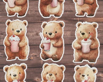 Bear with Milkshakes Vinyl Die Cut Sticker Set | Funny Sticker | Laptop Sticker | Water Bottle Sticker | Notebook Sticker