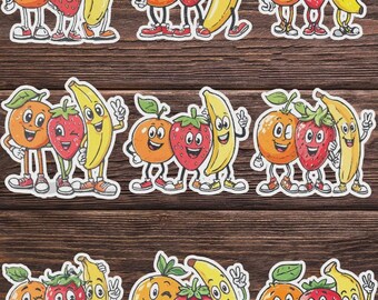 May include: A collection of nine stickers featuring cartoon fruits. Each sticker shows an orange, strawberry, and banana with smiling faces and arms and legs. The fruits are in a group, with the banana giving a peace sign.