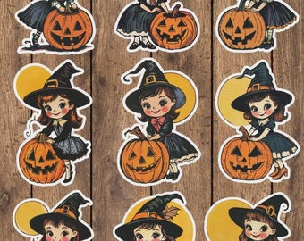 Vintage Style Witch Girl Vinyl Die Cut Sticker Set | Funny Sticker | Laptop Sticker | Water Bottle Sticker | Notebook Sticker