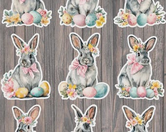 Ensemble d'autocollants en vinyle découpés à l'aquarelle représentant des lapins de Pâques – Motifs de lapins printaniers pour ordinateur portable, carnet et gourde