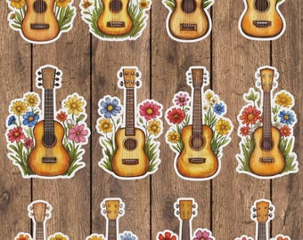 Guitar with Flowers Vinyl Die Cut Sticker Set | Funny Sticker | Laptop Sticker | Water Bottle Sticker | Notebook Sticker