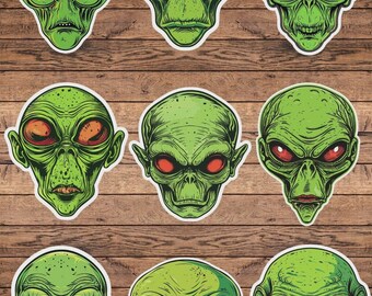 Green Alien Head Die Cut Sticker Set | Vinyl Sticker | Laptop Sticker | Water Bottle Sticker | Notebook Sticker